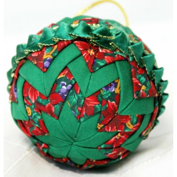 Quilted Christmas Ornament Green Red Floral Pattern Poinsettias Ribbon Decorated - Picture 7 of 8